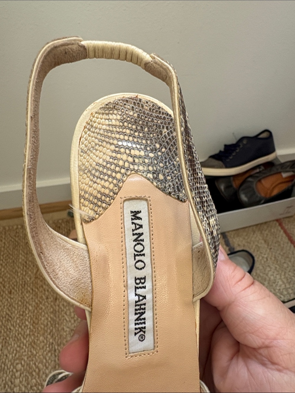 Manolo Blahnik Cream and Gray Textured Slingback Heels - Picture 2 of 7